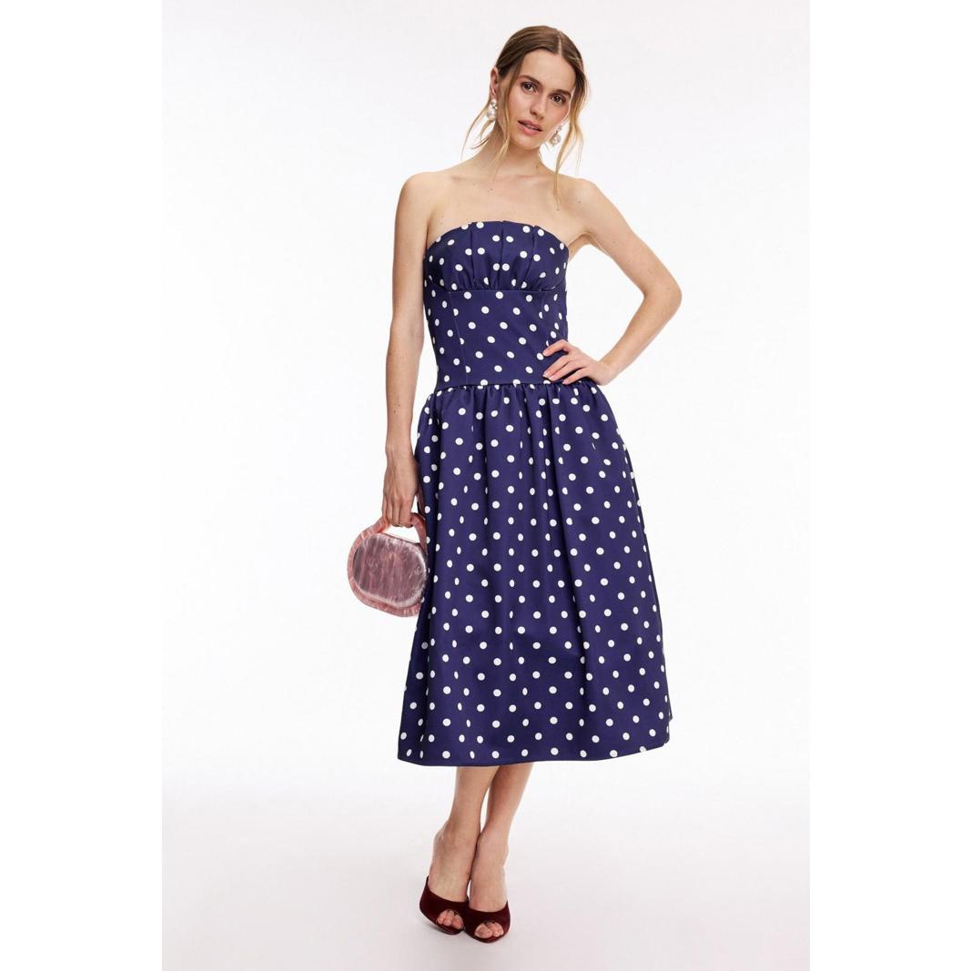 Self-Portrait Polka Dot Satin Blue Midi Dress Size 8 With Small Loose Stistching